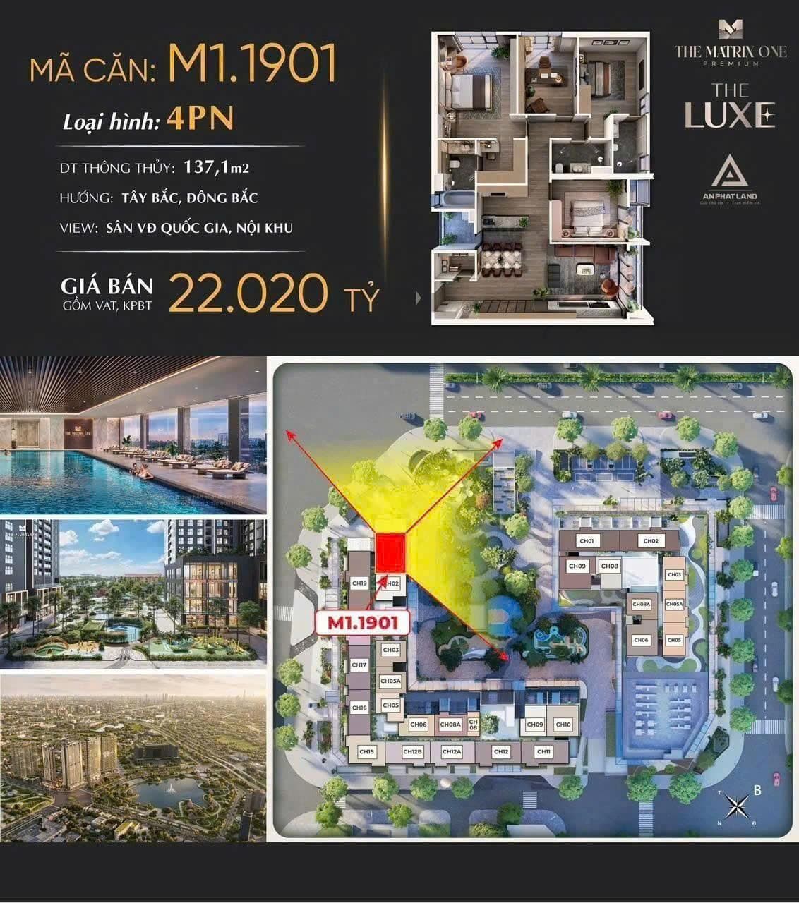 Căn hộ 4 phòng ngủ đẳng cấp M1.1901|The Matrix One Premium với tầm nhìn kép, giá trị vượt trội – Giá bán 22 tỷ đồng