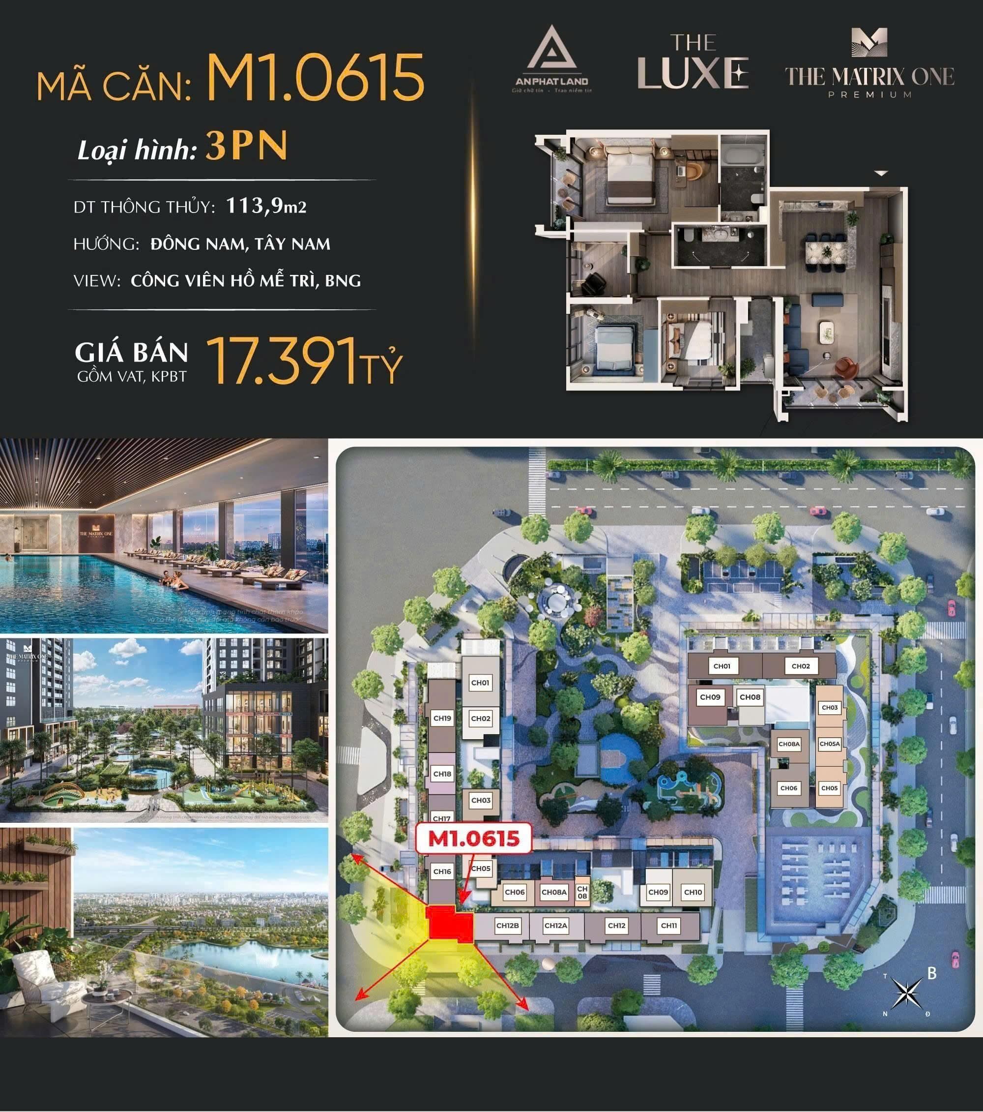 M1.0615 – CĂN HỘ 3PN VIEW HỒ ĐIỀU HÒA ĐẮT GIÁ BẬC NHẤT THE MATRIX ONE PREMIUM