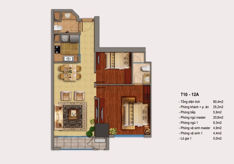 Thiết kế căn hộ chung cư Times City T10 diện tích 80,4m2.