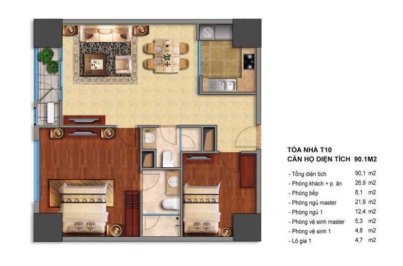 Thiết kế căn hộ chung cư Times City T10 diện tích 90,1m2.