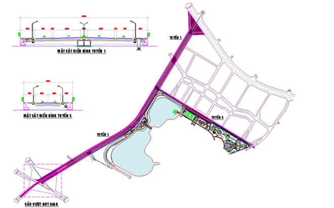 Vị trí các tuyến đường dự án Đường bao quanh khu tưởng niệm Chu Văn An (tuyến 1, tuyến 5 màu tím).