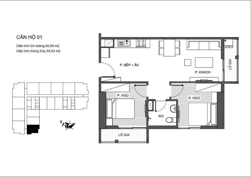 Thiết kế căn hộ 2 PN (1WC) chung cư An Bình Plaza ( căn hộ góc với 2 logia)