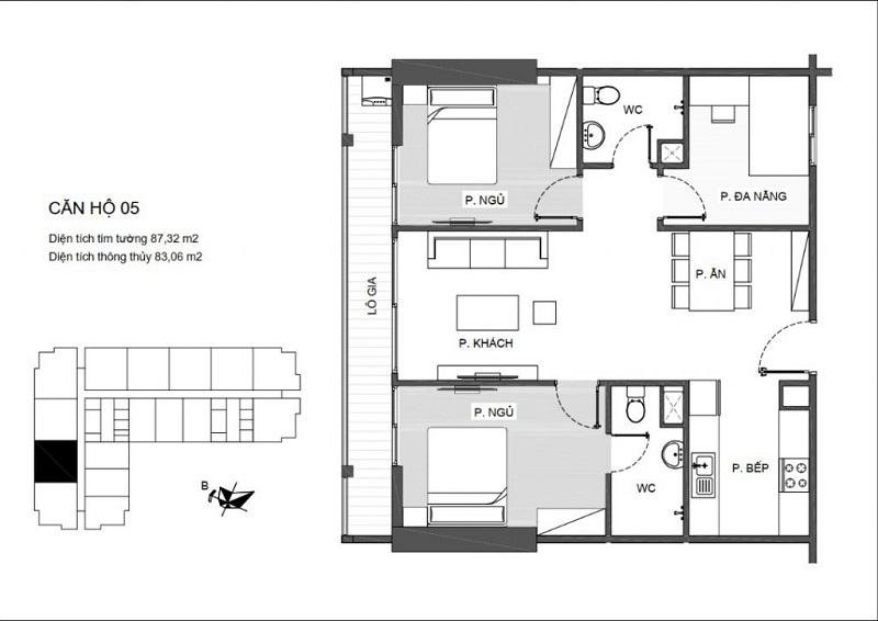 Thiết kế căn hộ 2 PN (2WC) chung cư An Bình Plaza ( căn hộ thông thường với 1 logia lớn)