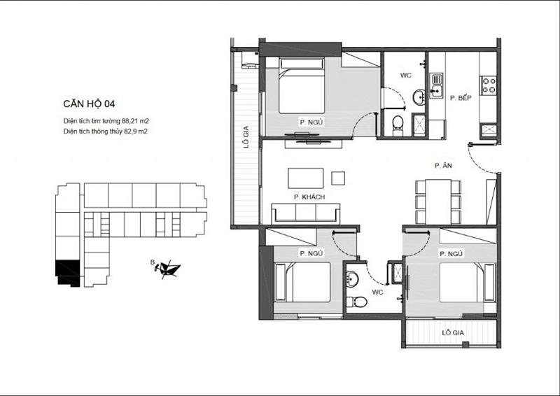 Thiết kế căn hộ 3 PN (1WC) chung cư An Bình Plaza ( căn hộ góc có 2 logia)