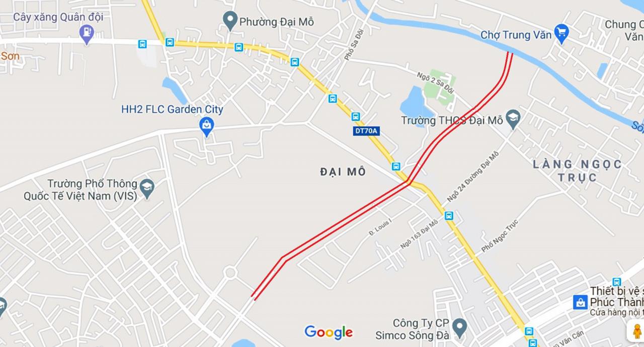 Sơ đồ tuyến đường Lê Quang Đạo kéo dài qua địa bàn phường Đại Mỗ.