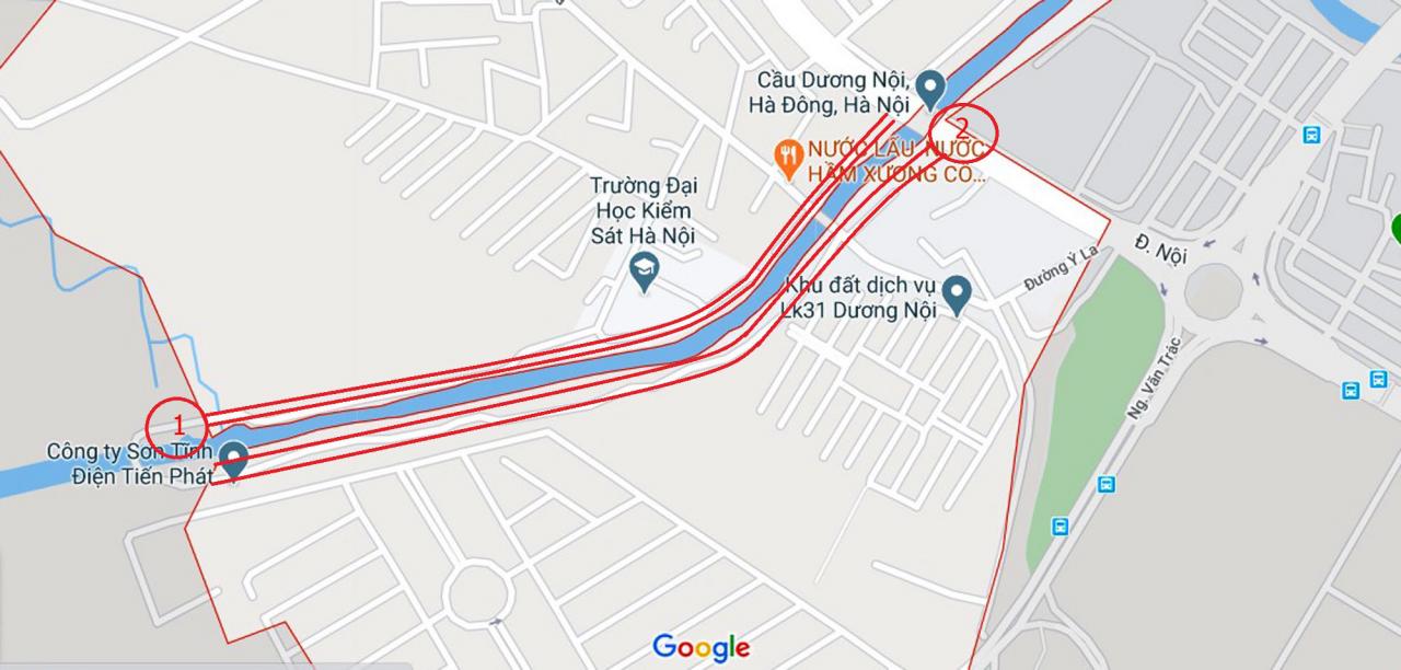 Sơ đồ 2 tuyến đường ven sông ở phường Dương Nội. (Nguồn ảnh: Google).