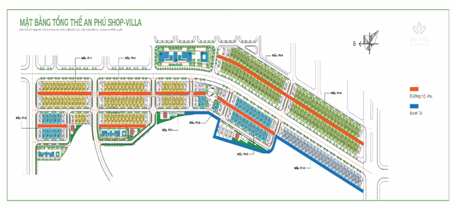 Đường đi bộ nội khu và kênh T4 tại An Phú Shop-villa đang được đẩy mạnh triển khai (Đường đi bộ màu cam; kênh T4 màu xanh đậm - Ảnh minh họa)