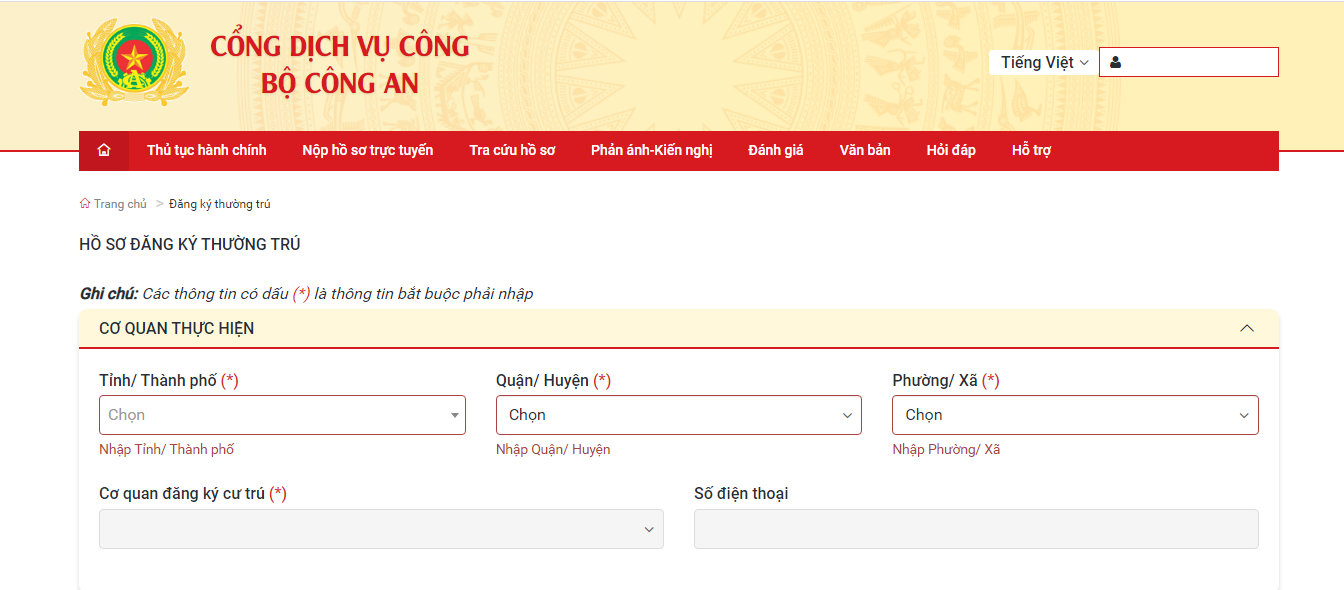 Form khai báo thông tin đăng ký thường trú online